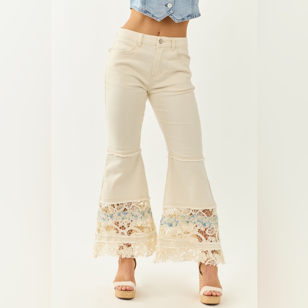 POL Cream Lace Hem High Rise Flare Leg Jeans